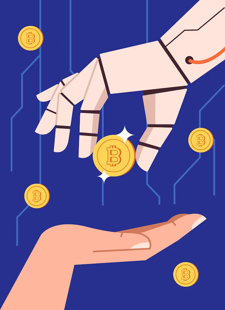 A hand giving a bitcoin to another hand